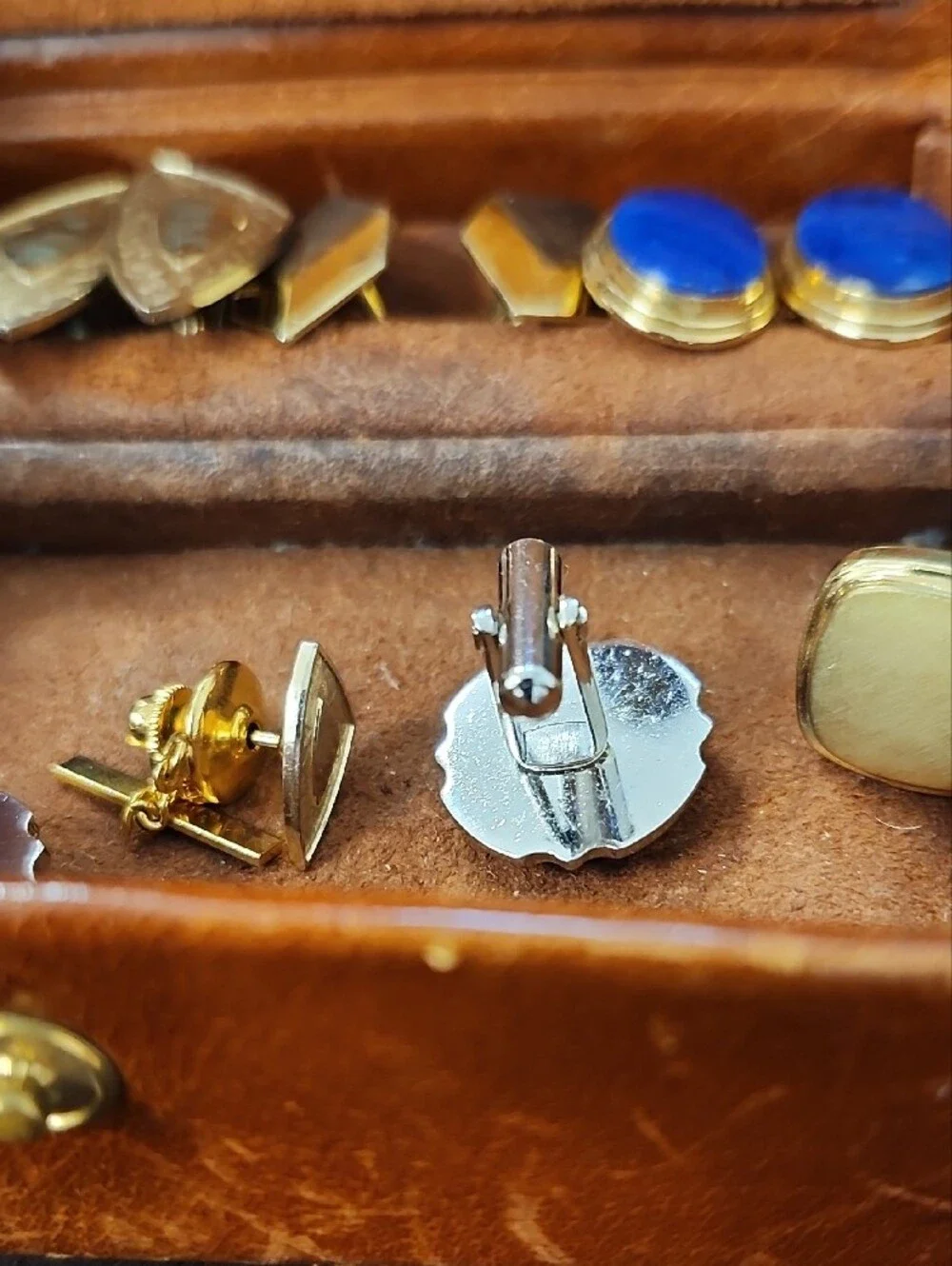Men's Gold-Tone Cufflinks Set with Blue and Brown Accents